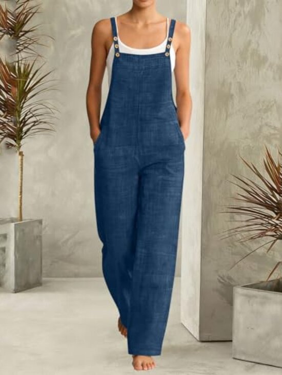 Dresses & Skirts - 🆕 Linen Rompers for Women Summer Casual Dressy Jumpsuits Adjustable Strap Wide